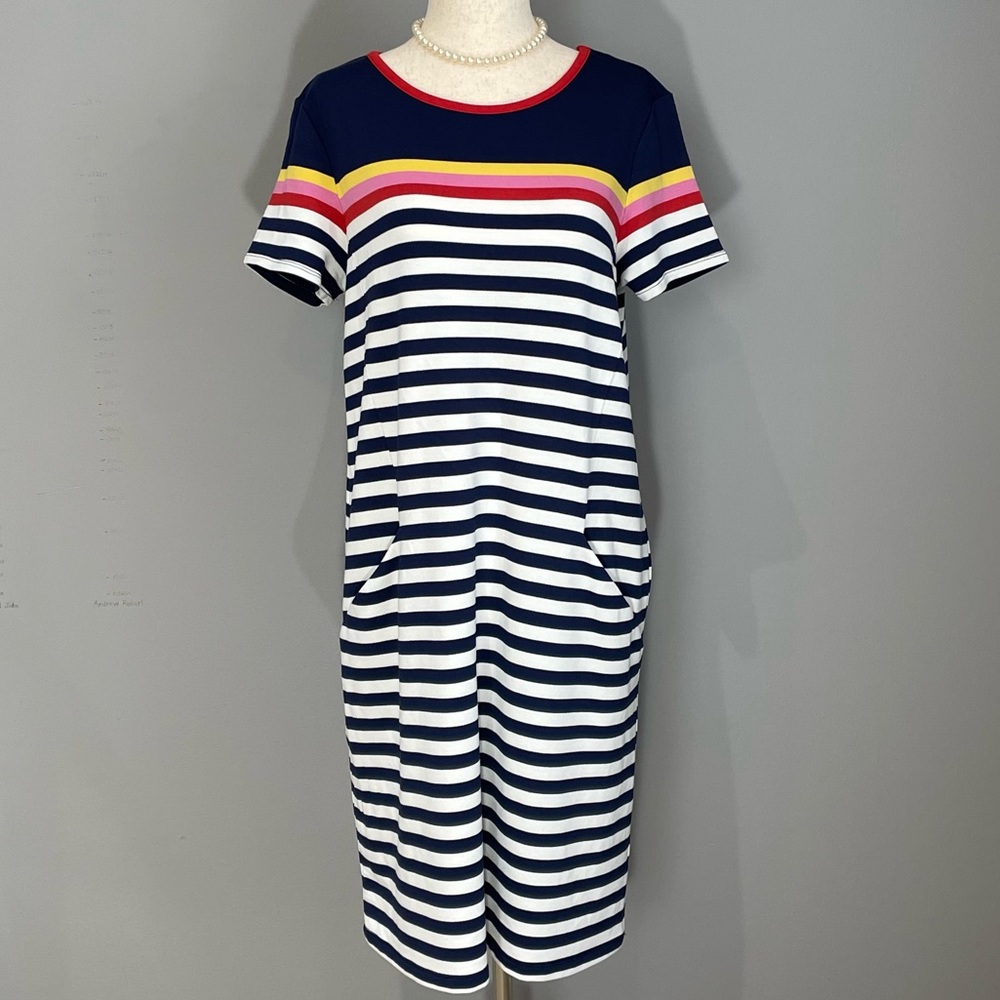 Fleur Bleue Anthropologie Shift Dress Size M Navy & White Stripes Short Sleeve